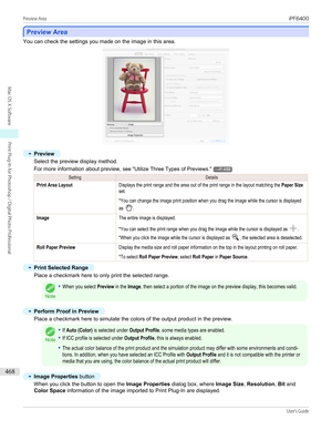 Page 468Preview Area
Preview Area
You can check the settings you made on the image in this area.
•
Preview
Select the preview display method.
For more information about preview,  see "Utilize Three Types of Previews ."
→P.488
SettingDetailsPrint Area LayoutDisplays the print range and the area out of the print range in the layout matching the Paper Sizeset.
 
*You can change the image print position when you drag the image while the cursor is displayedas .ImageThe entire image is displayed.
 
*You can...