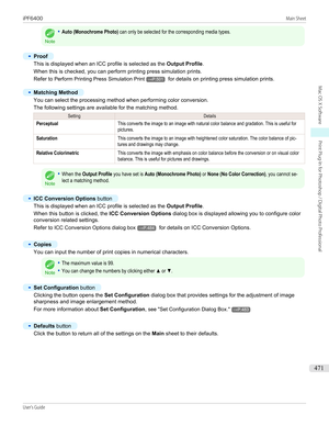 Page 471Note
•Auto (Monochrome Photo) can only be selected for the corresponding media types.•
Proof
This is displayed when an ICC profile is selected as the Output Profile.
When this is checked, you can perform printing press simulation prints. Refer to  Perform Printing Press Simulation Print
→P.501 for details on printing press simulation prints.
•
Matching Method
You can select the processing method when performing color conversion.
The following settings are available for the matching method....