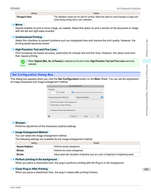 Page 483SettingDetailsDisregard ValueThe calibration results are not used for printing. Select this option to avoid changes to image colortones during printing due to color calibration.•
Mirror
Specify whether to print a mirror image, as needed. Select this option to print a version of the document or image
with the left and right sides inverted.
 
•
Unidirectional Printing
Select this checkbox to prevent problems such as misaligned lines and improve the print quality. However, the
printing speed becomes...