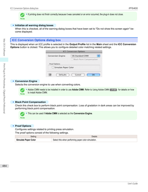 Page 484Note
•If printing does not finish correctly because it was canceled or an error occurred, the plug-in does not close.•
Initialize all warning dialog boxes
When this is checked, all of the warning dialog boxes that have been set to "Do not show this screen again" be-
come displayed.
 
ICC Conversion Options dialog box
ICC Conversion Options dialog box
This is displayed when an ICC profile is selected in the 
Output Profile list in the Main sheet and the  ICC Conversion
Options  button is clicked....