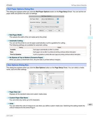 Page 485Roll Paper Options Dialog Box
Roll Paper Options Dialog Box
This dialog box appears when you click the 
Roll Paper Options button on the Page Setup Sheet. You can set the roll
paper width and perform the auto cut settings.
•
Roll Paper Width
This selects the width of the roll media set to the printer.  
•
Automatic Cutting
You can set the printer to cut roll paper automatically or print a guideline for cutting.
The following settings are available for automatic cutting.
SettingDetailsAvailableEach page...