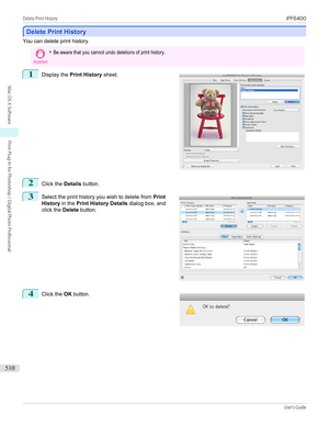 Page 510Delete Print History
Delete Print History
You can delete print history.
Important•Be aware that you cannot undo deletions of print history.1
 
Display the  Print History  sheet.
2
Click the Details button.
3
 
Select the print history you wish to delete from  Print
History  in the Print History Details  dialog box, and
click the  Delete button.
4
 
Click the  OK button.
 
 
 
Delete Print History...