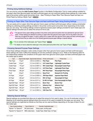 Page 527Printing Using Additional Settings
You can print by using the  Add Custom Paper function in the Media Configuration Tool to create settings suitable for
the paper other than genuine paper and feed confirmed paper you are using and adding these settings as a new media
type to the printer control panel and printer driver.   (See "Printing on Paper Other Than Genuine Paper and feed con-
firmed Paper by Adding a Media Type .")
→P.528
Printing on Paper Other Than Genuine Paper and feed confirmed Paper...