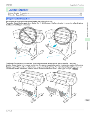 Page 563Output Stacker
Output Stacker
Output Stacker Precautions ............................................................................................................................................. 563
Using the Output Stacker .................................................................................................................................................. 564
Output Stacker Precautions
Output Stacker Precautions
Documents can be stored in the Output Stacker after printing from rolls.
To...