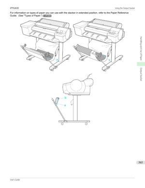 Page 565For information on types of paper you can use with the stacker in extended position, refer to the Paper Reference
Guide.   (See "Types of Paper .")
→P.524
iPF6400                                                                                                                                                                                                  Using the Output StackerUser's Guide...