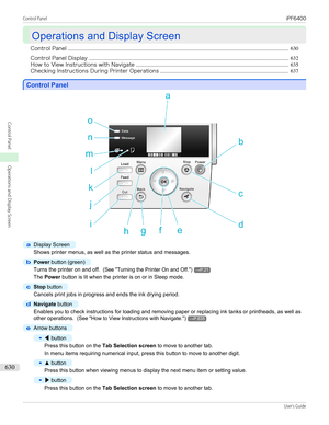 Page 630Operations and Display Screen
Operations and Display Screen
Control Panel ........................................................................................................................................................................... 630
Control Panel Display ........................................................................................................................................................... 632
How to View Instructions with Navigate...