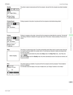 Page 633StandbyThe printer is ready to receive jobs sent from the computer. Jobs sent from the computer are printed immediate-ly.Printing PausedPrinting is paused on the printer. Any jobs sent from the computer are held without being printed.PrintingPrinting is in progress on the printer. Jobs sent from the computer are printed after the current job. The time leftuntil printing is finished is indicated in the upper-right corner of the screen. (Values exceeding 10 hours are notshown.)SleepThe printer is in...