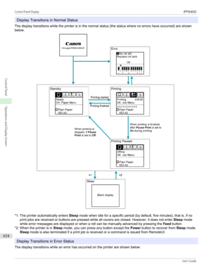 Page 634Display Transitions in Normal Status
The display transitions while the printer is in the normal status (the status where no errors have occurred) are shown below.
*1: The printer automatically enters  Sleep mode when idle for a specific period (by default, five minutes), that is, if no
print jobs are received or buttons are pressed while all covers are closed. However, it does not enter  Sleep mode
while error messages are displayed or when a roll can be manually advanced by pressing the  Feed button....