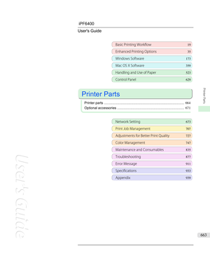 Page 663iPF6400 User's Guide
Basic Printing Workflow 19
Enhanced Printing Options35
Windows Software173
Mac OS X Software359
Handling and Use of Paper523
Control Panel629
 
Printer Parts
 
Printer parts .................................................................................... 664
Optional accessories ...................................................................... 671
Network Setting673
Print Job Management707
Adjustments for Better Print Quality727
Color Management 747
Maintenance and...