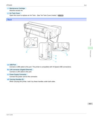 Page 665i
Maintenance Cartridge
Absorbs excess ink.
j
Ink Tank Cover
Open this cover to replace an Ink Tank.  (See "Ink Tank Cover (Inside) .")→P.669
Back
Back
a
USB Port
Connect a USB cable to this port. The printer is compatible with Hi-Speed USB connections.
b
LAN connector (Gigabit Ethernet)
Connect a LAN cable to this port.
c
Power Supply Connector
Connect the power cord to this connector.
d
Carrying Handles (5)
When carrying the printer, hold it by these handles under both sides.
iPF6400...