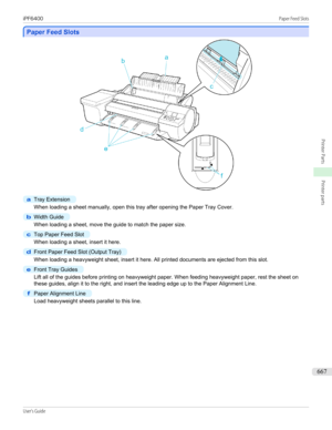 Page 667Paper Feed Slots
Paper Feed Slots
a
Tray Extension
When loading a sheet manually, open this tray after opening the Paper Tray Cover.
b
Width Guide
When loading a sheet, move the guide to match the paper size.
c
Top Paper Feed Slot
When loading a sheet, insert it here.
d
Front Paper Feed Slot (Output Tray)
When loading a heavyweight sheet, insert it here. All printed documents are ejected from this slot.
e
Front Tray Guides
Lift all of the guides before printing on heavyweight paper. When feeding...