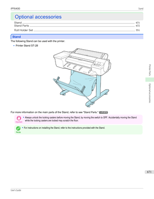 Page 671Optional accessories
Optional accessories
Stand .......................................................................................................................................................................................... 671
Stand Parts .............................................................................................................................................................................. 672
Roll Holder Set...