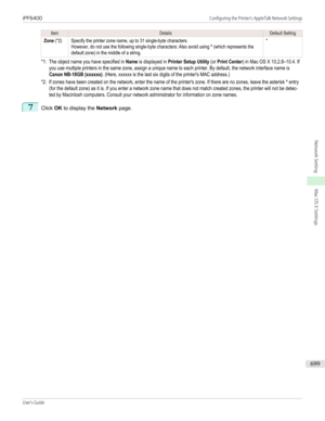 Page 699ItemDetailsDefault SettingZone (*2)Specify the printer zone name, up to 31 single-byte characters.However, do not use the following single-byte characters: Also avoid using * (which represents thedefault zone) in the middle of a string.**1:  The object name you have specified in Name is displayed in Printer Setup Utility (or Print Center) in Mac OS X 10.2.8–10.4. Ifyou use multiple printers in the same zone, assign a unique name to each printer. By default, the network interface name isCanon NB-18GB...