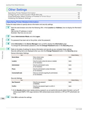 Page 700Other Settings
Other Settings
Specifying Printer-Related Information ....................................................................................................................... 700
Configuring the Communication Mode Manually .................................................................................................... 701
Email Notification When Printing is Finished or Errors Occur ........................................................................... 702
Initializing the Network...