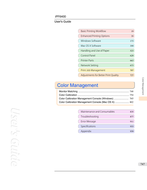 Page 747iPF6400 User's Guide
Basic Printing Workflow 19
Enhanced Printing Options35
Windows Software173
Mac OS X Software359
Handling and Use of Paper523
Control Panel629
Printer Parts 663
Network Setting673
Print Job Management707
Adjustments for Better Print Quality 727
 
Color Management
 
Monitor Matching ............................................................................ 748
Color Calibration ............................................................................. 754
Color Calibration...