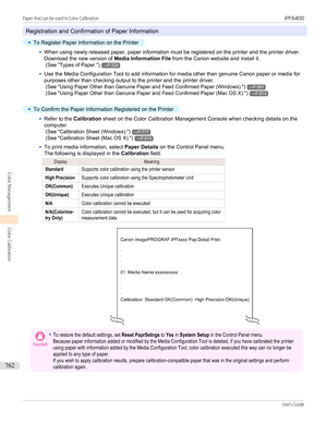 Page 762Registration and Confirmation of Paper Information
•
To Register Paper Information on the Printer
•
When using newly released paper, paper information must be registered on the printer and the printer driver.
Download the new version of  Media Information File from the Canon website and install it.
 (See " Types of Paper .")
→P.524
•
Use the Media Configuration Tool to add information for media other than genuine Canon paper or media for
purposes other than checking output to the printer and the...