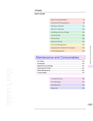 Page 835iPF6400 User's Guide
Basic Printing Workflow 19
Enhanced Printing Options35
Windows Software173
Mac OS X Software359
Handling and Use of Paper523
Control Panel629
Printer Parts 663
Network Setting673
Print Job Management707
Adjustments for Better Print Quality 727
Color Management 747
 
Maintenance and Consumables
 
Ink Tanks ........................................................................................ 836
Printheads...