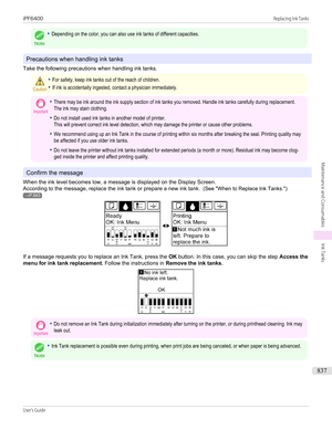 Page 837Note
•Depending on the color, you can also use ink tanks of different capacities.
Precautions when handling ink tanks
Take the following precautions when handling ink tanks.
Caution•For safety, keep ink tanks out of the reach of children.•If ink is accidentally ingested, contact a physician immediately.Important•There may be ink around the ink supply section of ink tanks you removed. Handle ink tanks carefully during replacement.The ink may stain clothing.•Do not install used ink tanks in another model...