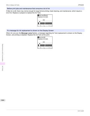 Page 844Before print jobs and maintenance that consume a lot of ink
If little ink is left, there may not be enough for large-format printing, head cleaning, and maintenance, which require a
lot of ink. Replace or prepare to replace the Ink Tank.
If a message for ink replacement is shown on the Display Screen
When ink runs out, the  Message Lamp flashes, a message regarding Ink Tank replacement is shown on the Display
Screen, and printing is disabled. Replace the Ink Tank at this point.
When to Replace Ink Tanks...