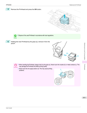 Page 8515
 
Remove the Printhead and press the  OK button.
Note
•Dispose of the used Printhead in accordance with local regulations.6
 
Holding the new Printhead by the grips (a), remove it from the
pouch.
Important•When handling the Printhead, always hold it by the grips (a). Never touch the nozzles (b) or metal contacts (c). Thismay damage the Printhead and affect printing quality.•Never touch the ink supply section (d). This may cause printingproblems. 
 
 
iPF6400...