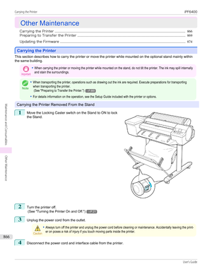 Page 866Other Maintenance
Other Maintenance
Carrying the Printer ............................................................................................................................................................. 866
Preparing to Transfer the Printer .................................................................................................................................. 869
Updating the Firmware...