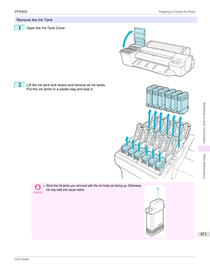 Page 871Remove the Ink Tank
1
 
Open the Ink Tank Cover.
2
 
Lift the ink tank lock levers and remove all ink tanks.
Put the ink tanks in a plastic bag and seal it.
Important•Store the ink tanks you removed with the ink holes (a) facing up. Otherwise,ink may leak and cause stains. 
 
 
iPF6400                                                                                                                                                                                        Preparing to Transfer the...