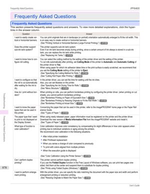 Page 878Frequently Asked Questions
Frequently Asked Questions
Frequently Asked Questions
Frequently Asked Questions
This section presents frequently asked questions and answers. To view more detailed explanations, click the hyper-
links in the answer column.
QuestionAnswerI want to easily create ver-tical or horizontal banners.You can print originals that are in landscape (or portrait) orientation automatically enlarged to fit the roll width. Thisis an easy way to create vertical or horizontal banners. (See...