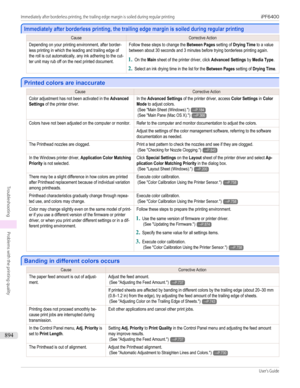 Page 894Immediately after borderless printing, the trailing edge margin is soiled during regular printingImmediately after borderless printing, the trailing edge margin is soiled during regular printingCauseCorrective ActionDepending on your printing environment, after border-less printing in which the leading and trailing edge ofthe roll is cut automatically, any ink adhering to the cut-ter unit may rub off on the next printed document.Follow these steps to change the Between Pages setting of Drying Time to a...
