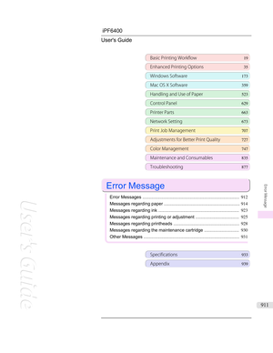 Page 911iPF6400 User's Guide
Basic Printing Workflow 19
Enhanced Printing Options35
Windows Software173
Mac OS X Software359
Handling and Use of Paper523
Control Panel629
Printer Parts 663
Network Setting673
Print Job Management707
Adjustments for Better Print Quality 727
Color Management 747
Maintenance and Consumables 835
Troubleshooting877
 
Error Message
 
Error Messages .............................................................................. 912
Messages regarding paper...