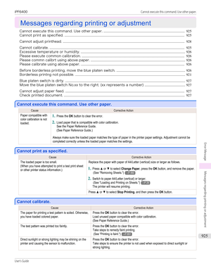 Page 925Messages regarding printing or adjustment
Messages regarding printing or adjustment
Cannot execute this command. Use other paper. .................................................................................................. 925
Cannot print as specified. ................................................................................................................................................. 925
Cannot adjust printhead....