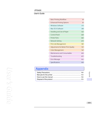 Page 939iPF6400 User's Guide
Basic Printing Workflow 19
Enhanced Printing Options35
Windows Software173
Mac OS X Software359
Handling and Use of Paper523
Control Panel629
Printer Parts 663
Network Setting673
Print Job Management707
Adjustments for Better Print Quality 727
Color Management 747
Maintenance and Consumables 835
Troubleshooting877
Error Message 911
Specifications933
 
Appendix
 
Safety Precautions ......................................................................... 940
Manuals for this...