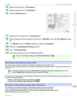 Page 1054
MakeyourselectionintheEPrint Target list.
5
Makeyourselectioninthe FPrint Quality list.
6

Accessthe Page Setup pane.
7
Selectandclickarollpaperinthe
APaper Source list.
8
Selectthepaperwidthoftherollloadedintheprinterfor BRoll Width .Inthiscase, 16 in. (406.4mm) isselec-
ted.
9
In CPage Size ,makesure 100*500isdisplayed,asregisteredin Page Setup.
10
SelecttheDEnlarged/Reduced Printing checkbox.
11
ClickFFit Roll Paper Width .
12...