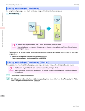 Page 116Printing Multiple Pages ContinuouslyPrinting Multiple Pages Continuously
Youcanprintmultiplepagesasasinglecontinuousimage,withoutmarginsbetweenpages.
