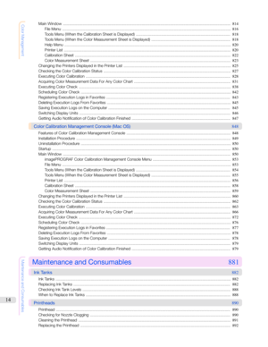 Page 14ColorManagementMainWindow .........................................................................................................................................................814
FileMenu .......................................................................................................................................................... 816
ToolsMenu(WhentheCalibrationSheetisDisplayed) ...................................................................................... 818...