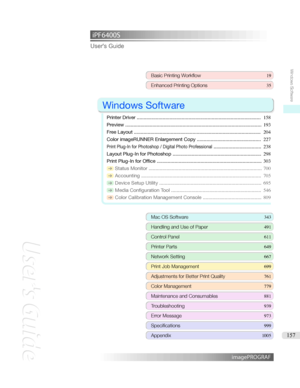 Page 157iPF6400S User'sGuideBasicPrintingWorkflow 19
EnhancedPrintingOptions 35

WindowsSoftware

PrinterDriver ........................................................................................... 158
Preview .................................................................................................... 193
FreeLayout ............................................................................................. 204
ColorimageRUNNEREnlargementCopy...