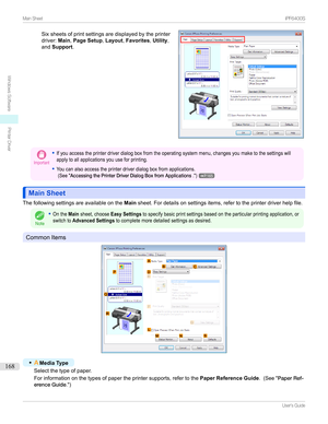 Page 168Sixsheetsofprintsettingsaredisplayedbytheprinter
driver: Main,Page Setup ,Layout ,Favorites ,Utility ,
and Support .
Important
