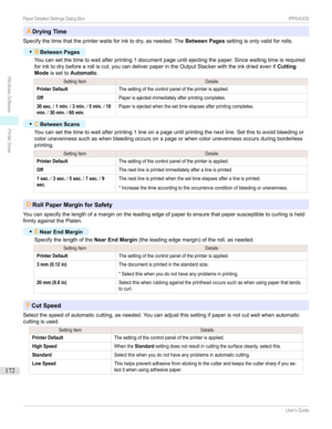 Page 172ADrying Time
Specifythetimethattheprinterwaitsforinktodry,asneeded.The Between Pagessettingisonlyvalidforrolls.
