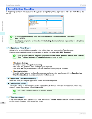 Page 188Special Settings Dialog BoxSpecial Settings Dialog Box
Iftheprintingresultsarenotasyouexpected,youcanchangehowprintingisprocessedinthe Special Settingsdia-
logbox.
Note
