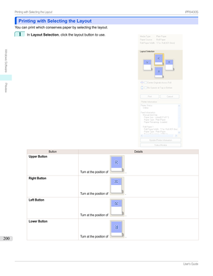 Page 200Printing with Selecting the LayoutPrinting with Selecting the Layout
Youcanprintwhichconservespaperbyselectingthelayout.
1

In Layout Selection ,clickthelayoutbuttontouse.
ButtonDetailsUpper ButtonTurnatthepositionof.Right ButtonTurnatthepositionof.Left ButtonTurnatthepositionof.Lower ButtonTurnatthepositionof.
...