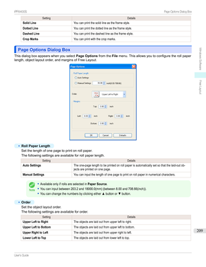 Page 209SettingDetailsSolid LineYoucanprintthesolidlineastheframestyle.Dotted LineYoucanprintthedottedlineastheframestyle.Dashed LineYoucanprintthedashedlineastheframestyle.Crop MarksYoucanprintwiththecropmarks.
Page Options Dialog BoxPage Options Dialog Box
Thisdialogboxappearswhenyouselect Page OptionsfromtheFilemenu.Thisallowsyoutoconfiguretherollpaper
length,objectlayoutorder,andmarginsofFreeLayout.
