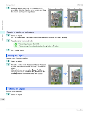 Page 2182
Placethepointeratacorneroftheselectionbox
aroundtheobjecttoshowthearrowhandle,anddrag
thishandletochangetheobjectsize.
Resizingbyspecifyingascalingvalue
1
Selectanobject.
Clickonthe Enl./Red.checkboxinthe FormatDialogBox
