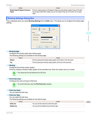 Page 225SettingDetailsRotate Page 90 degrees (ConservePaper)Printsbyrotatingpagesby90degrees.Pagesareautomaticallyrotatediftheywillfitwithintherollpaperwidthwhenrotated,andarenotrotatediftheywillnotfitwithintherollpaperwidth.
Binding Settings Dialog BoxBinding Settings Dialog Box
Thisisdisplayedwhenyouselect Binding SettingsfromtheEditmenu.Thisallowsyoutoconfigurethebindingedge
settings.
