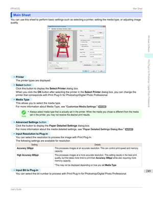 Page 249Main SheetMain Sheet
Youcanusethissheettoperformbasicsettingssuchasselectingaprinter,settingthemediatype,oradjustingimage
quality.
