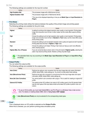 Page 250Thefollowingsettingsareavailablefortheinputbitnumber.SettingDetailsHigh Gradation 8bitThisprocessesimageswithat8bit/channel(24bit).Highest Gradation 16bitThisprocessesimageswithat16bit/channel(48bit).

*ThismaynotbedisplayeddependingonhowyousetMedia TypeandInput Resolution toPlug-in.