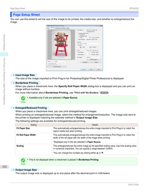 Page 252Page Setup SheetPage Setup Sheet
Youcanusethissheettosetthesizeoftheimagetobeprinted,themediasize,andwhethertoenlarge/reducethe image.
