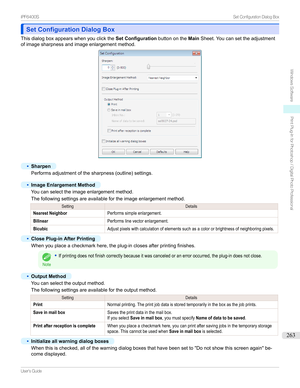 Page 263Set Configuration Dialog BoxSet Configuration Dialog Box
Thisdialogboxappearswhenyouclickthe Set ConfigurationbuttonontheMainSheet.Youcansettheadjustment
ofimagesharpnessandimageenlargementmethod.
