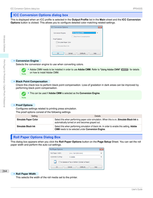 Page 264ICC Conversion Options dialog boxICC Conversion Options dialog box
ThisisdisplayedwhenanICCprofileisselectedinthe Output ProfilelistintheMainsheetandthe ICC Conversion
Options buttonisclicked.Thisallowsyoutoconfiguredetailedcolormatchingrelatedsettings.
