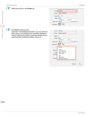 Page 282
Selecttheprinterinthe Printerlist.3

Click Printtostartprinting.
Asshowninthefollowingillustration,youcanswitchto
otherpanesinthisdialogboxtocompletesettingsfor
variousmethodsofprinting,includingenlargedandre-
ducedprinting,borderlessprinting,andsoon.

...