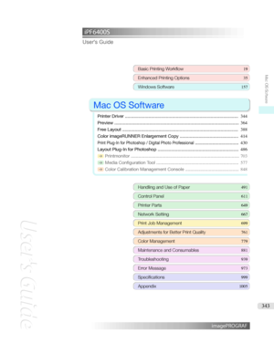 Page 343iPF6400S User'sGuideBasicPrintingWorkflow 19
EnhancedPrintingOptions 35
WindowsSoftware157

MacOSSoftware

PrinterDriver ........................................................................................... 344
Preview .................................................................................................... 364
FreeLayout ............................................................................................. 388
ColorimageRUNNEREnlargementCopy...