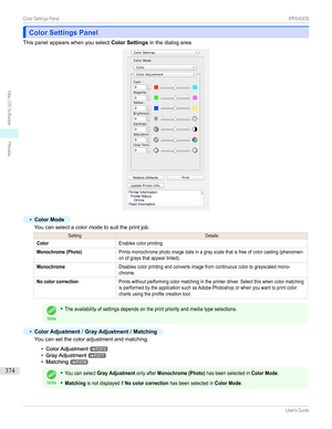 Page 374Color Settings PanelColor Settings Panel
Thispanelappearswhenyouselect Color Settingsinthedialogarea.
